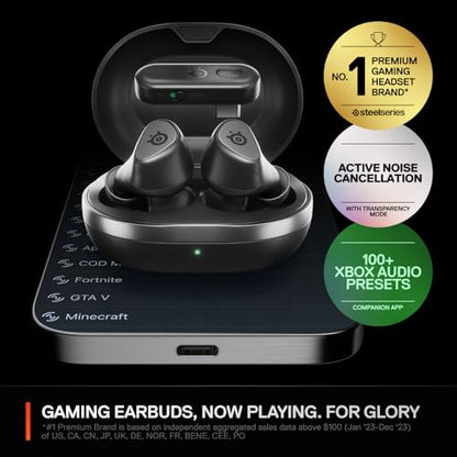 SteelSeries Arctis GameBuds for Xbox/PC/PS5/Switch/Mobile — Quick-Switch 2.4GHz+Bluetooth 5.3 — Active Noise Cancelling — Mobile App — Water Resistant IP55 — 40H Battery with Qi Charging Case - Black - color: Black