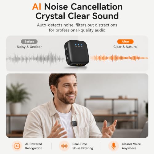 Wireless Lavalier Microphone for iPhone/Android/Camera, Mini Lapel Mic with 2 TX + 1 RX + Charging Case, Noise Cancelling, 48H Battery, 250M Range, Plug-Play for Vlogging Live Streaming - color: dark black
