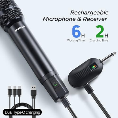 Wireless Microphones, 2.4 GHz Metal Rechargeable Wireless Mics with Dual Professional UHF Handheld Karaoke Microphone System with Receiver, Dynamic Mic for Church, Singing, Speech, Wedding, Party - color: Rechargeable
