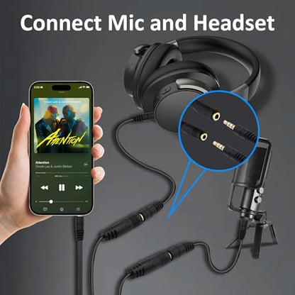 3.5mm TRRS Headphone Splitter Y Cable Adapter 20cm | 1/8 inch 3.5mm 1 Male to 2 Female,Stereo Mic Audio Extension Cable, for Phones Tablets Game Console,2pcs