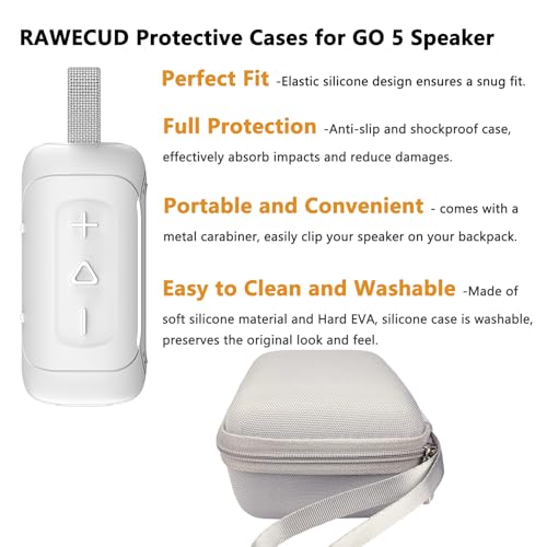 Protective Case for JBL Go 5 Portable Bluetooth Speaker | Accessories Hard Carrying Case and Silicone Cover with Metal Carabiner (White Case) - color: White Case