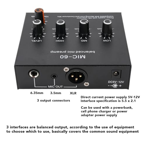 Microphone Preamp Mic Gain Booster 48V Power Supply Mic Pre Amp for Dynamic Condenser XLR 3.5mm 6.35mm Inputs Outputs (with 3.5mm Sound Cable) - size: With 3.5mm Sound Cable
