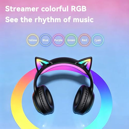 Cat-Ear Wireless Headphones Bluetooth 5.3 Over the Ear Headphones with RGB Light Built-in Mic Foldable Fashionable Stereo Headset Support TF Card for Gaming Travel PC Phone iPad（Matte Black） - color: Matte Black