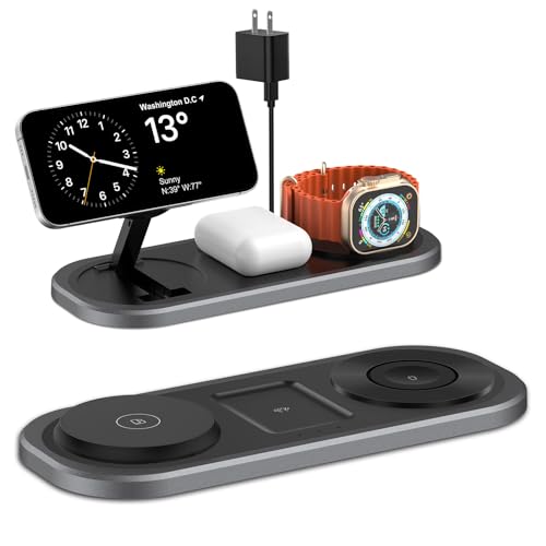 3 in 1 Fast Wireless Charger Stand for iPhone, Foldable Travel Charging Station for Magsafe for iPhone 17/Air/16/15/14/13/12 Series, Apple Watch Serie, AirPods pro/2/3/4, 2025 Christ mas Gifts (Black) - color: Black