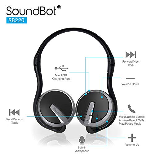 Soundbot Behind the Neck Headphones, Sweat Resistant Secure-Fit for Sports | 20-hr music streaming, 25-hr hands-free calling, built-in voice command, sleek black finish, lightweight all-day comfort fit