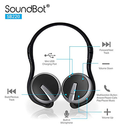 Soundbot Behind the Neck Headphones, Sweat Resistant Secure-Fit for Sports | 20-hr music streaming, 25-hr hands-free calling, built-in voice command, sleek black finish, lightweight all-day comfort fit