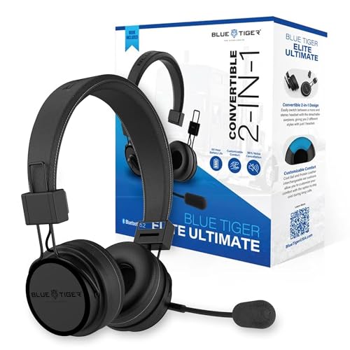 Blue Tiger Elite Ultimate 2-in-1 Bluetooth Headset - Dual & Single Ear | 2-in-1 Mono to Dual Headset with mic, wireless noise cancelling, high-fidelity sound, 60-hour talk time, USB-C, Bluetooth 5.2