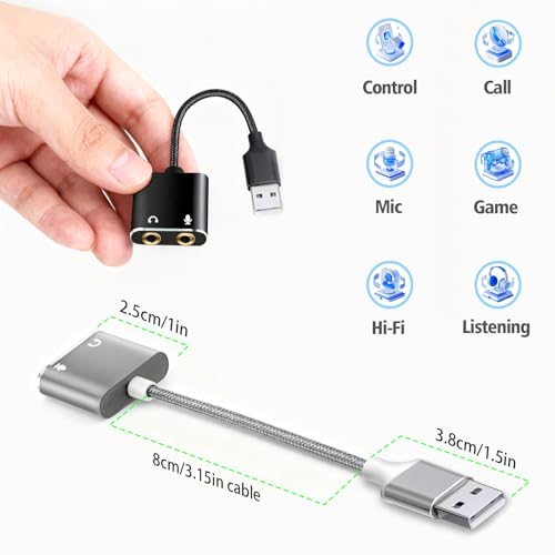 USB to 3.5mm Audio Adapter, External Sound Card with Headphone, Microphone Jack for Windows, Mac, Linux, PS4, PS5(Silvery) - color: Silvery