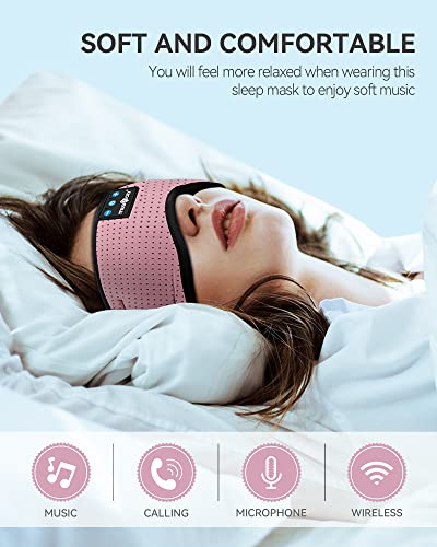 MUSICOZY Sleep Headphones Bluetooth 5.4 Sleep Mask with HD Sound | Breathable Flat Design with Cooling Lining, Washable Headband, 14 Hours Playtime for Travel Meditation Relaxation Gifts - color: Rose Pink