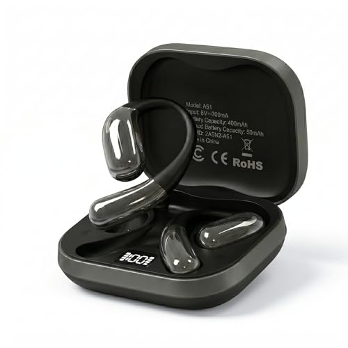Open Ear Headphones, Wireless Headphones with Smart Digital Display & Mic | (Black) Open Ear Earbuds 35H Playtime, Sweat Resistant & Waterproof, Secure Comfortable Fit - Running, Sport, Driving, Daily - color: Black