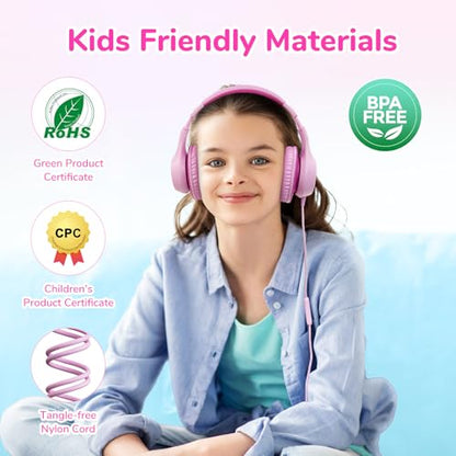 EarFun K3 Kids Headphones, Over Ear Headphones with Microphones, 85/94dB Safe Volume Limit, HD Stereo Sound, 3.5mm Jack, Foldable Wired Headphones for School/Travel/Boys/Girls/Tablet/iPad, Pink | Built-in Mic, 85/94dB Volume Limit, HD Stereo Sound, 3.5mm