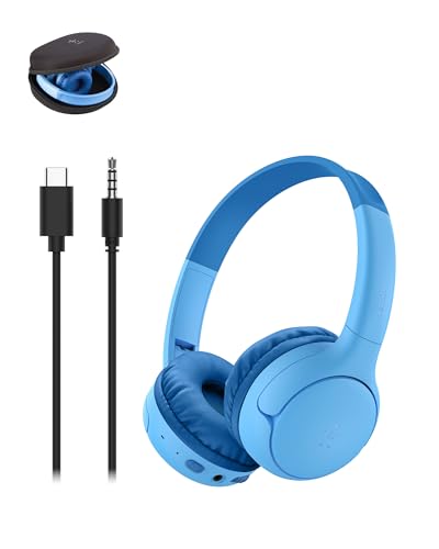 Belkin SoundForm Mini 2 Bluetooth Kids Headphones, On Ear, 55H Battery Life | Toddler headphones with Case, 85dB Volume Limit, Built-in Mic, Wired Connection Option, iPad, Android Tablet, School, Travel - color: Blue