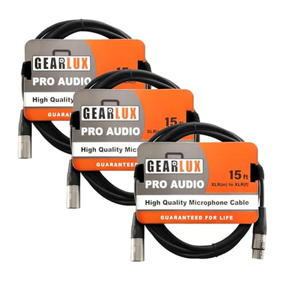 Gearlux XLR Microphone Cable, Fully Balanced, Male to Female, 15 Feet - 3 Pack - size: 15 Ft, style: 3 Pack
