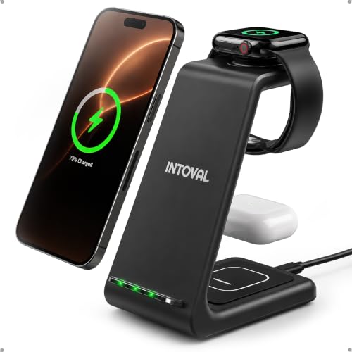 Intoval 3 in 1 Wireless Charging Station for iPhone and Apple Watch,Fast Wireless Charger Stand,Compact Desk Charging Dock for iPhone17 16 15 14 13/Pro/Max, iWatch11 10 9 Ultra/SE 3/3,AirPods - color: Black