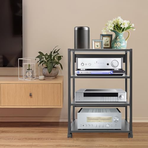 4 Tier AV Media Stand, Heavy Duty AV Equipment Cart Rack with Lockable Wheels, 110 lbs Load Audio Video Component Rack Open Shelf for Home Theater, Studio - size: 4-Tier