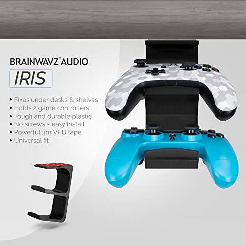 The IRIS - Under Desk Dual Universal Game Controller Mount Holder Hanger for XBOX ONE, SERIES X, PS5, PS4, PS3, SWITCH, STEELSERIES Gamepad & More, No Screws by Brainwavz - color: IRIS - Dual Controller Mount