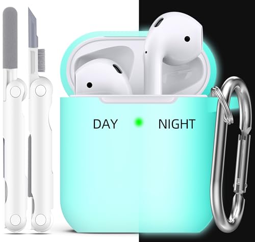 R-fun for AirPods 2nd/1st Case Silicone Cover, Glow Blue | Compatible with Apple AirPods 2nd/1st (2019/2016) Generation with Keychain & Cleaner Kit, Wireless Charging Compatible - color: E1-Glow Blue
