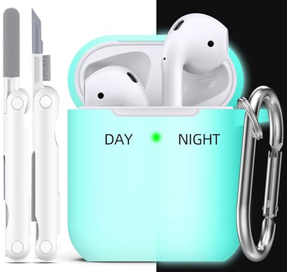R-fun for AirPods 2nd/1st Case Silicone Cover, Glow Blue | Compatible with Apple AirPods 2nd/1st (2019/2016) Generation with Keychain & Cleaner Kit, Wireless Charging Compatible - color: E1-Glow Blue