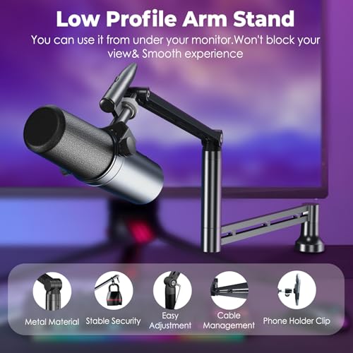 CreaDream Mic Boom Arm, Low Profile Microphone Arm Stand Desk Mount with Screw Adapter, Phone Holder, Detachable Rise Column, Cable Management, for Live Streaming, Gaming, Podcasting, Radio