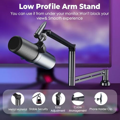 CreaDream Mic Boom Arm, Low Profile Microphone Arm Stand Desk Mount with Screw Adapter, Phone Holder, Detachable Rise Column, Cable Management, for Live Streaming, Gaming, Podcasting, Radio