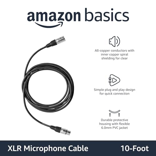 Amazon Basics 2-Pack XLR Male to Female Microphone Cable for Recording Studio, Speaker or PA System, Shielded, All Copper Conductors, 6MM PVC Jacket, 10 Foot, Black - size: 10 Feet, style: 2-Pack