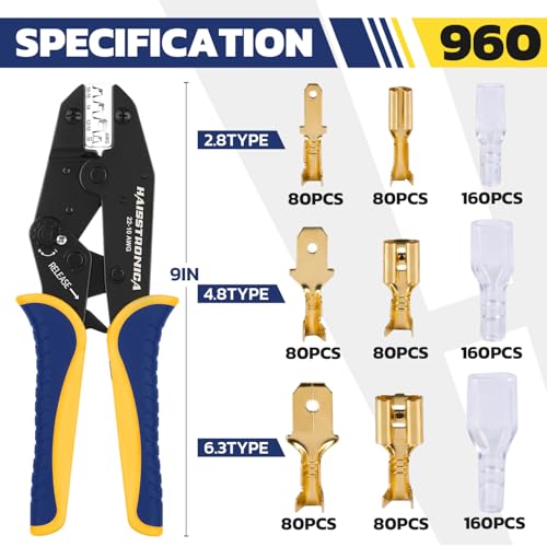 haisstronica 960PCS Brass Open Barrel Terminals with Crimping Tool | 22-10AWG Crimper, 2.8/4.8/6.3mm Spade Connector,Auto and Speaker Quick Disconnects, Conductor and Insulation Wing Crimps