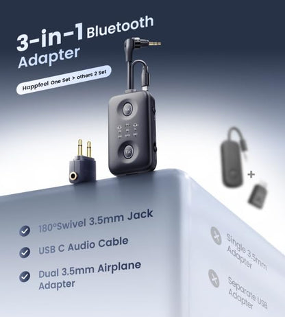 Bluetooth 5.4 Transmitter Receiver, Upgraded 180° Rotatable 3.5mm Aux/USB-C Adapter for Airplane, TV, PS5, Phone, Qualcomm aptX Adaptive Low Latency for Dual AirPods/Headphones (3 in 1) - size: 3x1