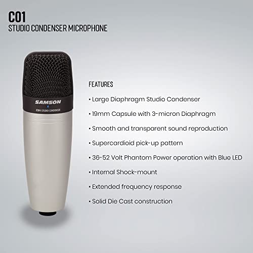 SAMSON C01 Studio Condenser Mic + Pop Filter + Mic Cable + Hook-&-Loop Cable Tie + Cleaning Cloth - Deluxe Microphone Bundle
