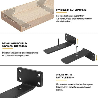 HITOMEN Heavy Duty Floating Shelf Brackets, 6-Inch (1/5'' Thick) Hidden Shelves Hardware, Iron L Brackets, Rustic Industrial Black Metal Wall Shelving Supports, 8 Pack - size: 6 Inch, style: 8 Pack