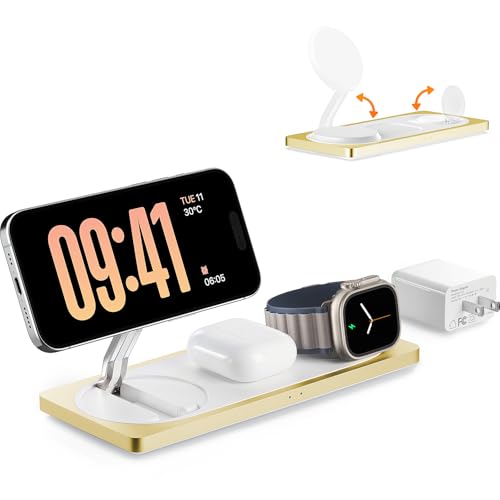 3 in 1 Wireless Charging Station for Apple Devices with MagSafe | For iPhone 17/Air/16/15/14/13/12, AirPods & Apple Watch, Foldable Portable Aluminum Charging Stand, Adapter Included - color: Yellow