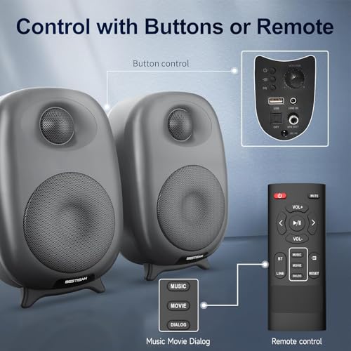 BESTISAN 60 Watt Powered Computer Speaker for Desktop PC | Wired Optical RCA Input Port,Bass and Treble Adjustable,Monitor 1 Pair,Deep Bass,3 Audio Mode Design,Bluetooth 5.0,Grey - color: Gray