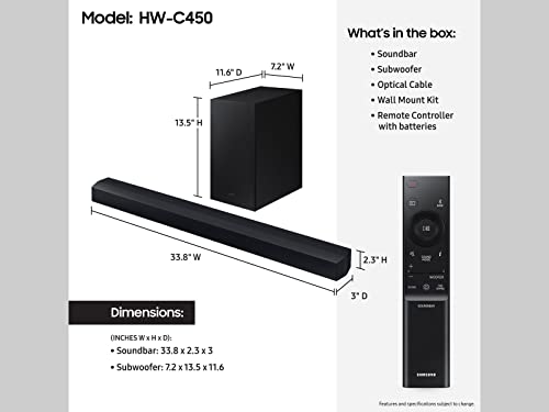 Samsung HW-C450 2.1ch Soundbar w/DTS Virtual X, Subwoofer Included, Bass Boost, Adaptive Sound Lite, Game Mode, Bluetooth, Wireless Surround Sound Compatible - style: HW-C450