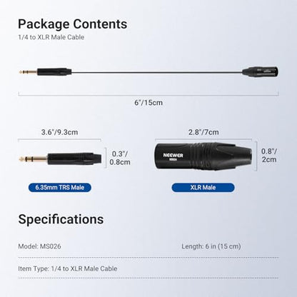 NEEWER 6.35mm 1/4 Inch TRS to XLR Male Cable, 6" Long Quarter to 3 Pin XLR Balanced Signal Interconnect Patch Cord Adapter Connector for Microphone Amplifier Mixer Powered Speaker Guitar Tuner, MS026 - size: 6.35mm（15cm）, style: XLR Male