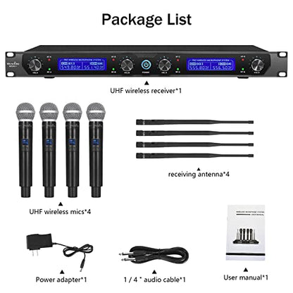 MicrocKing 4 Channel UHF Wireless Microphone System, 4 Handheld Wireless Microphones with Receiver, 400ft Long Range, Professional Dynamic Mic Set for Church, Conference, Wedding, Karaoke and Speech - style: 4 Handheld mics
