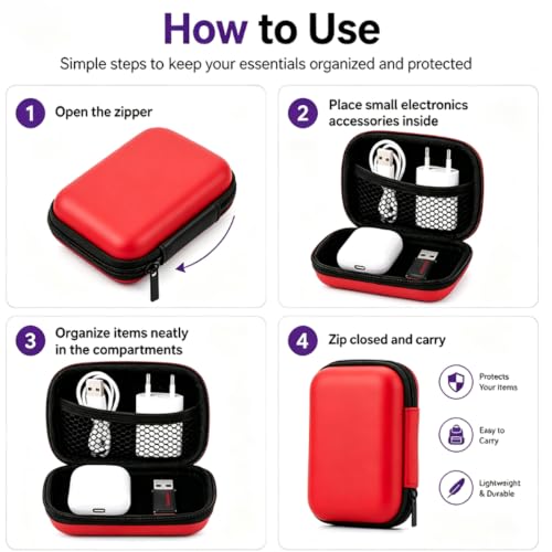 Headphone Case Hard Edge Zipper Bag Compact Portable Headset Storage Bag for Wireless,Headphones Earbuds Cables Charging Cable Travel Waterproof Commuting Home - color: Red
