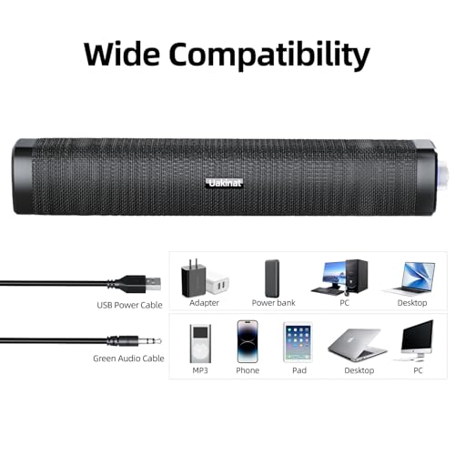 Uakinat USB Computer Speakers,Computer Speakers with 3.5 mm aux,Wired USB Powered & Colorful LED Lights with Switch Button,Surround Sound Portable SoundBar for Monitor Laptop Phone(Black)
