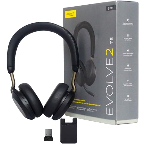 Jabra Evolve2 75 MS Wireless Headphones - Compatible with Zoom, Teams Webex, Phone Calls, 25 Hour Battery, USB-A Bluetooth Dongle for PC, Laptop, MAC, Mobile Wallet, Global Teck Gold Support Plan - color: Black, style: Evolve2 75 STEREO