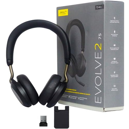 Jabra Evolve2 75 MS Wireless Headphones - Compatible with Zoom, Teams Webex, Phone Calls, 25 Hour Battery, USB-A Bluetooth Dongle for PC, Laptop, MAC, Mobile Wallet, Global Teck Gold Support Plan - color: Black, style: Evolve2 75 STEREO
