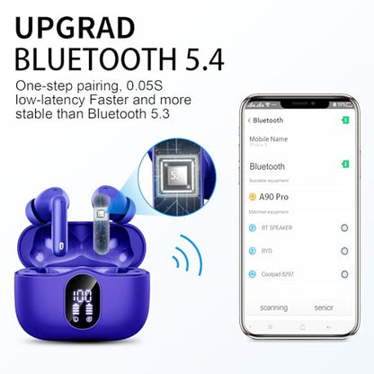 Wireless Earbuds, Bluetooth 5.4 Headphones Bass Stereo, Ear Buds with Noise Cancelling Mic LED Display, IP7 Waterproof in Ear Earphones, 36H Playtime for Laptop Pad Phones Sports Workout, Dark Blue | Ear Buds with Noise Cancelling Mic LED Display, 36H, IP