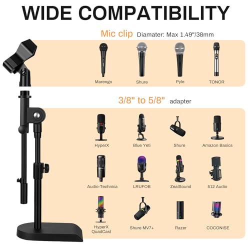 AODSK Desktop Microphone Stand,Height-Adjustable,Compatible with Most Mics | Includes Mic Clip, 5/8"-To-3/8" Adapter, Non-Slip Base, and Height-Adjustable, Perfect for Streaming, Vocals, Studio Use