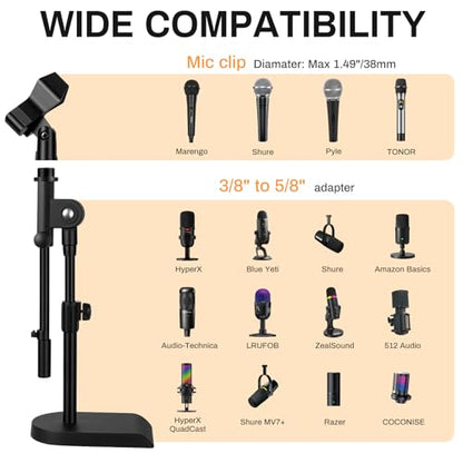AODSK Desktop Microphone Stand,Height-Adjustable,Compatible with Most Mics | Includes Mic Clip, 5/8"-To-3/8" Adapter, Non-Slip Base, and Height-Adjustable, Perfect for Streaming, Vocals, Studio Use