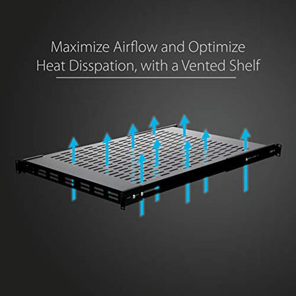 StarTech 1U Adjustable Vented Rack Shelf, 19in, 175lb, TAA (ADJSHELF) | 19.5-38in adjustable mounting depth, 27.5in deep universal tray, SPCC steel, Maximizes airflow - size: 19.5-38in