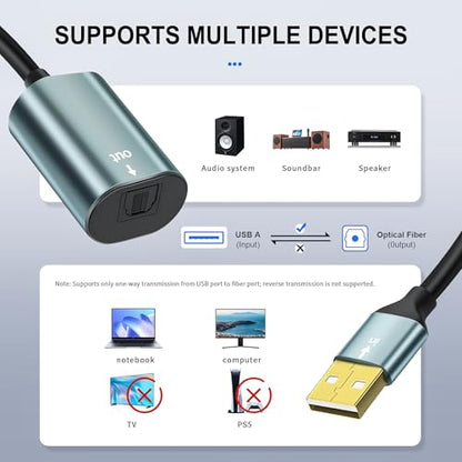 Unidirectional USB A to Toslink Digital Optical Audio Cable 8-inch USB A Male to SPDIF Port Female Fiber Optic Adapter for Windows/Laptops/Mac(Not for TVs, Not an Optical to USB A Cable)
