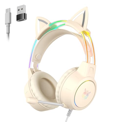 Girl Gaming Headset with Microphone, Detachable Cat Ear, RGB LED Light Surround Sound, Wired Over Ear Headphones for Laptop/Tablet/Phone,Type C Cable & USB-A Adpater