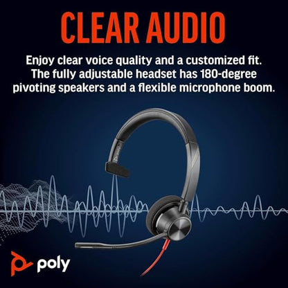 Poly Blackwire 3310 Wired Headset (Plantronics) – Flexible Microphone Boom – Monaural Design - Connect to PC/Mac via USB-C or USB-A - Works w/Teams, Zoom - Amazon Exclusive - style: 2023 Version (USB-C & USB-A)