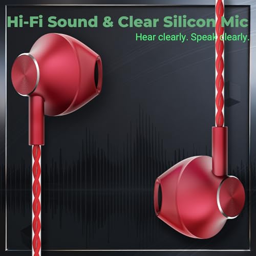 Red Wired Earbuds with Microphone, 3.5mm in-Ear Headphones for Laptop, Gaming & PS5, Volume Control, Clear Sound, Tangle-Free Cable, Earbuds with Case for Computer, PC & Android - color: Red