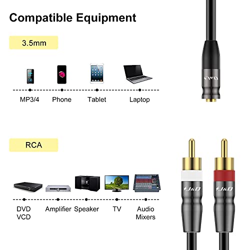 J&D 3.5 mm to Dual RCA Audio Cable, Gold Plated Copper Shell Heavy Duty 3.5mm Female to 2 RCA Male Stereo Audio Adapter Cable Adapter Cord, 10 Feet - size: 10 Feet