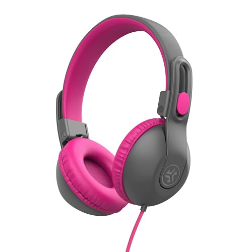 JLab JBuddies Studio 2 On-Ear Kids Wired Headphones, Grey/Pink, Toddler Headphones, Kid Safe, Studio Volume Safe, Volume Limiter, Folding, Adjustable, Noise Isolation, with Mic