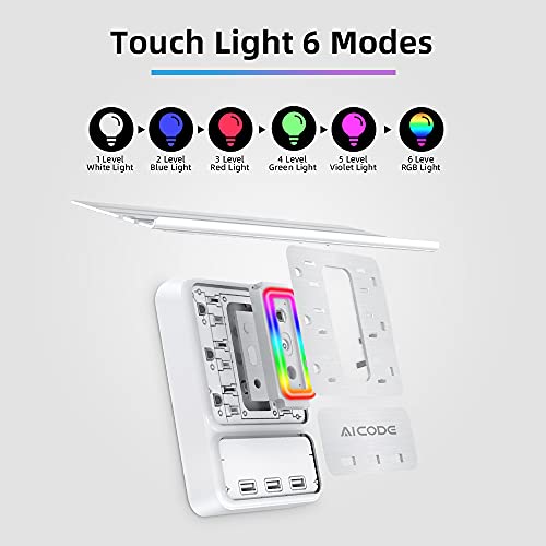 AICODE USB Outlet Extender with Shelf, RGB Night Light, 6 Outlets, White | 9-in-1 Surge Protector, 3 USB Ports (3.2A), 900J, 1875W, Compact Wall Plug Adapter for Home Kitchen Dorm