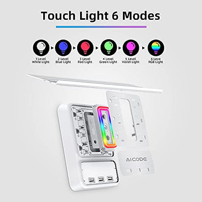 AICODE USB Outlet Extender with Shelf, RGB Night Light, 6 Outlets, White | 9-in-1 Surge Protector, 3 USB Ports (3.2A), 900J, 1875W, Compact Wall Plug Adapter for Home Kitchen Dorm